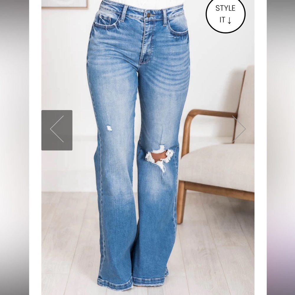 Pink lily Kara distressed medium wash flare jeans